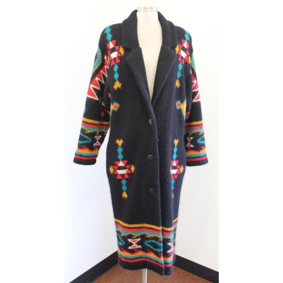 Vtg 90s Black Colorful Southwestern Knit Coatigan Sweater Coat Duster S Mohair - Picture 3 of 8